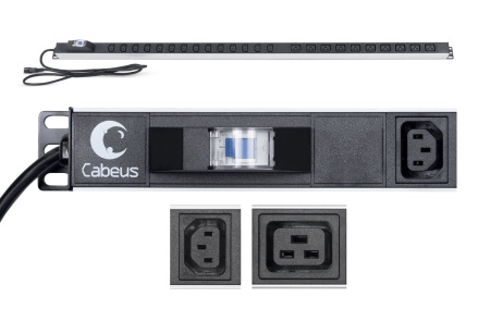 Cabeus, PDU-16-14C13-10C19-B-C14, блок розеток для 19" шкафов, вертикальный, 10 розеток IEC 320 C19, 14 розеток IEC 320 C13, 10А, автомат защиты, алюминиевый корпус, шнур с вилкой IEC 320 С14 2м Cabeus, PDU-16-14C13-10C19-B-C14, блок розеток для 19" шкафов, вертикальный, 10 розеток IEC 320 C19, 14 розеток IEC 320 C13, 10А, автомат защиты, алюминиевый корпус, шнур с вилкой IEC 320 С14 2м