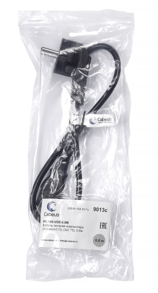 Cabeus, PC-186-VDE-0.6M, кабель питания компьютера (Schuko+C13) (3x0.75), 0,6м
