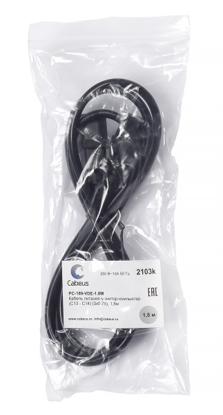 Cabeus, PC-189-VDE-1.8M, кабель питания монитор-компьютер IEC 320 C13 - IEC 320 C14 (3x0.75), 1.8 м Cabeus, PC-189-VDE-1.8M, кабель питания монитор-компьютер IEC 320 C13 - IEC 320 C14 (3x0.75), 1.8 м