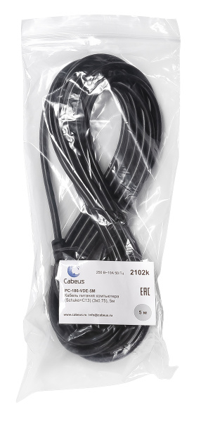 Cabeus, PC-186-VDE-5M, кабель питания компьютера (Schuko+C13) (3x0.75), 5 м Cabeus, PC-186-VDE-5M, кабель питания компьютера (Schuko+C13) (3x0.75), 5 м