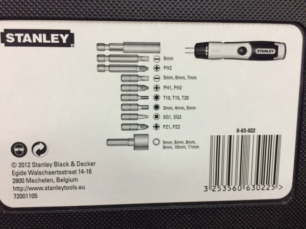 Stanley 0-63-022 НАБОР С ОТВЕРТКОЙ С ХРАПОВЫМ МЕХАНИЗМОМ И ВСТАВКАМИ (22 ПРЕДМЕТА)