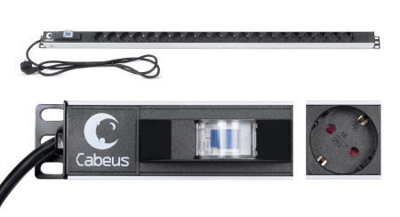 Cabeus, PDU-16-20S-B, блок розеток для 19" шкафов, вертикальный, 20 розеток Schuko, 16А, автомат защиты, алюминиевый корпус, шнур с вилкой Schuko 2 м Cabeus, PDU-16-20S-B, блок розеток для 19" шкафов, вертикальный, 20 розеток Schuko, 16А, автомат защиты, алюминиевый корпус, шнур с вилкой Schuko 2 м
