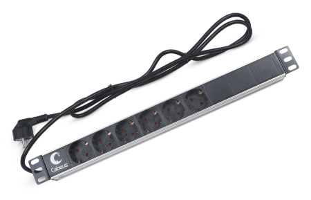 Cabeus, PDU-6P-2EU, блок евророзеток для 19" шкафов, горизонтальный, 6 розеток, 16 A, без выключателя, шнур 2м, алюминиевый корпус, немецкий стандарт Cabeus, PDU-6P-2EU, блок евророзеток для 19" шкафов, горизонтальный, 6 розеток, 16 A, без выключателя, шнур 2м, алюминиевый корпус, немецкий стандарт