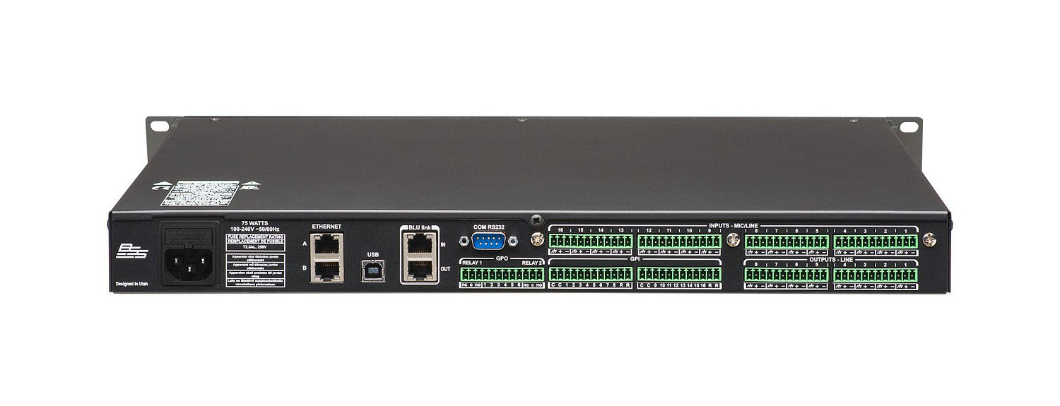 BSS DCP-555 Аудио-процессор для конференций 16x8 с VoIP, управление по Web-интерфейсу, 2x2 USB, BLUlink, GPIO. Размер 1U