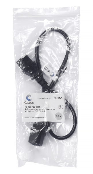 Cabeus, PC-189-VDE-0.6M, кабель питания монитор-компьютер IEC 320 C13 - IEC 320 C14 (3x0.75). 0.6м