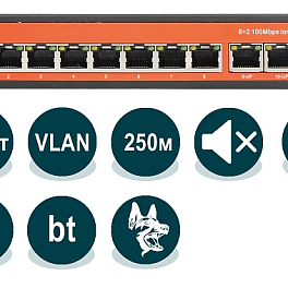 Wi-Tek WI-PS210 (v2) коммутатор, 8-портов PoE