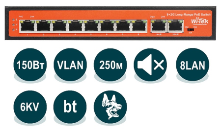 Wi-Tek WI-PS210G (v2) коммутатор, 8-портов PoE