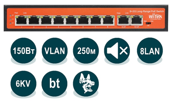 Wi-Tek WI-PS210G (v2) коммутатор, 8-портов PoE Wi-Tek WI-PS210G (v2) коммутатор, 8-портов PoE