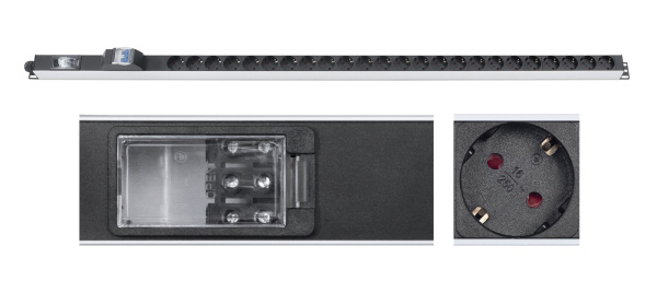 Cabeus, PDU-32-24S-B-T, блок розеток для 19" шкафов, вертикальный, 24 розетки Schuko, 32А, автомат защиты, алюминиевый корпус, клеммная колодка Cabeus, PDU-32-24S-B-T, блок розеток для 19" шкафов, вертикальный, 24 розетки Schuko, 32А, автомат защиты, алюминиевый корпус, клеммная колодка