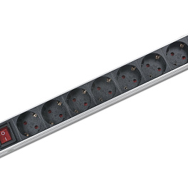 Cabeus, PDU-8P, блок евророзеток для 19" шкафов, горизонтальный, 8 розеток, 10 A, выключатель, гнездо под шнур, алюминиевый корпус