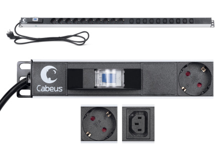 Cabeus, PDU-16-10S-10C13-B, блок розеток для 19" шкафов, вертикальный, 10 розеток Schuko, 10 розеток IEC 320 C13, 16А, автомат защиты, алюминиевый корпус, шнур с вилкой Schuko 2 м Cabeus, PDU-16-10S-10C13-B, блок розеток для 19" шкафов, вертикальный, 10 розеток Schuko, 10 розеток IEC 320 C13, 16А, автомат защиты, алюминиевый корпус, шнур с вилкой Schuko 2 м