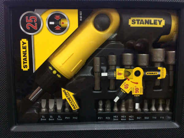 Stanley 0-63-022 НАБОР С ОТВЕРТКОЙ С ХРАПОВЫМ МЕХАНИЗМОМ И ВСТАВКАМИ (22 ПРЕДМЕТА)